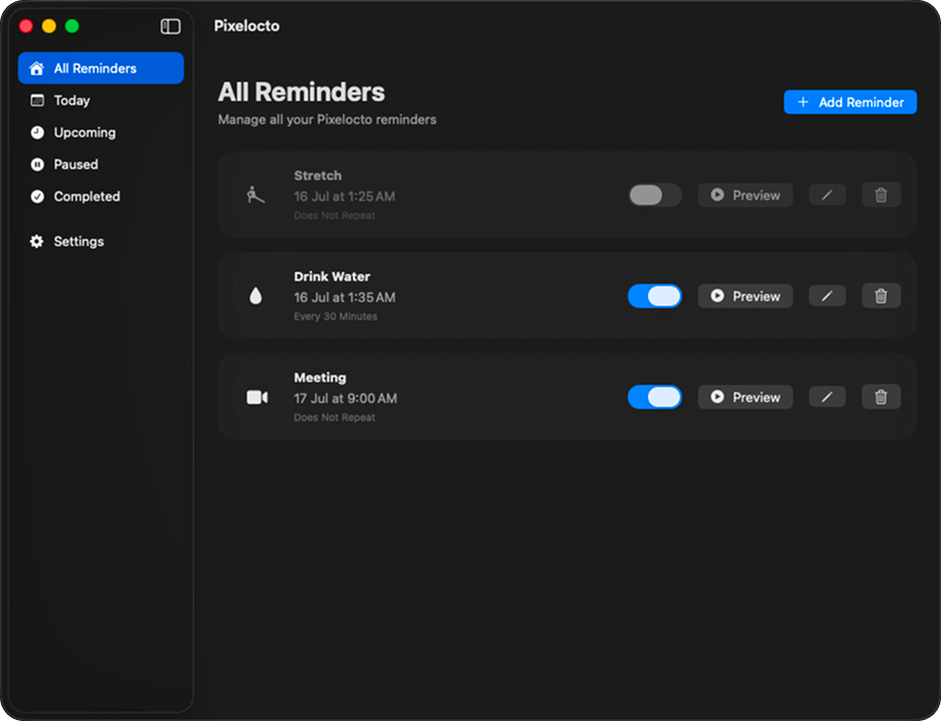 Pixelocto reminder dashboard